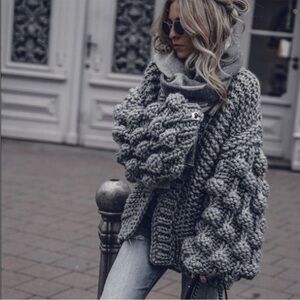 Mums Handmade Chunky Gray Knit Cardigan Sweater w/Popcorn Sleeve